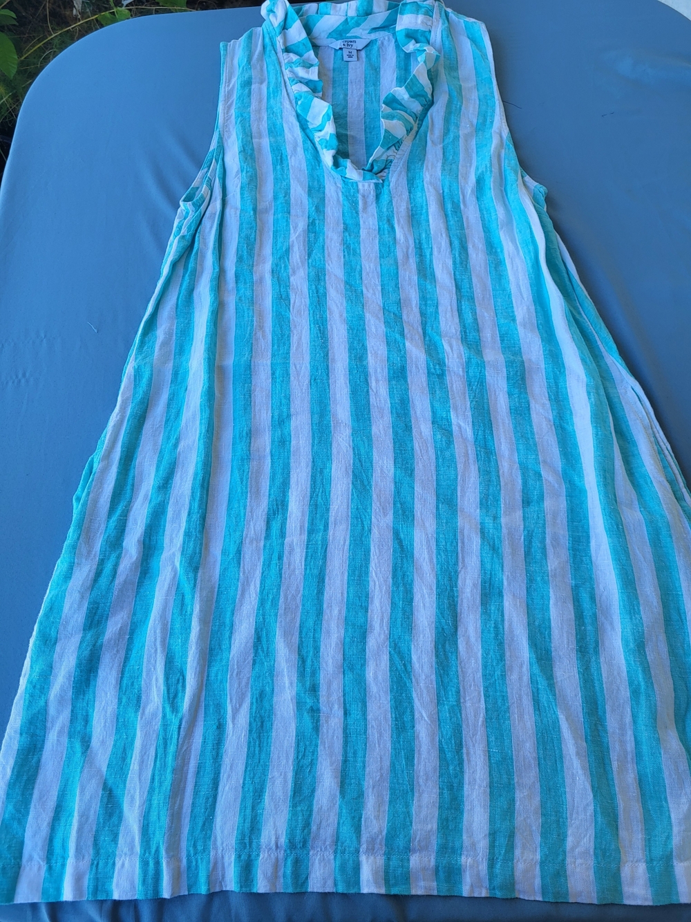 Crown and Ivy Turquoise White Striped Linen Ruffle V Neck Sleeveless Summer Dres